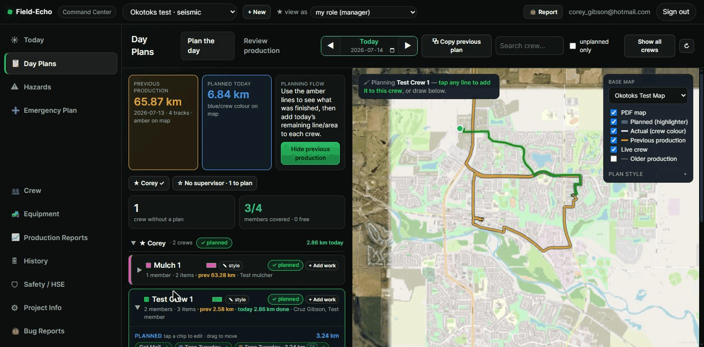 Field Echo Command Center — day plans, production tracking and GPS track cleaning on georeferenced PDF maps