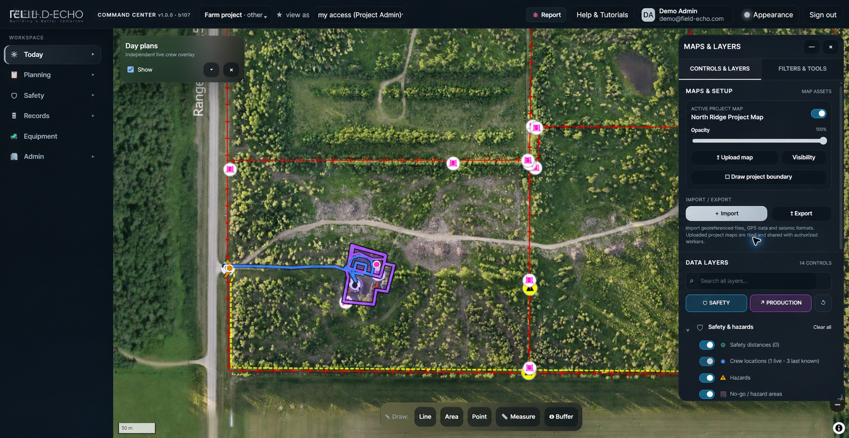 Field-Echo Command Center live project map with crew locations, project boundary, work geometry and safety layers