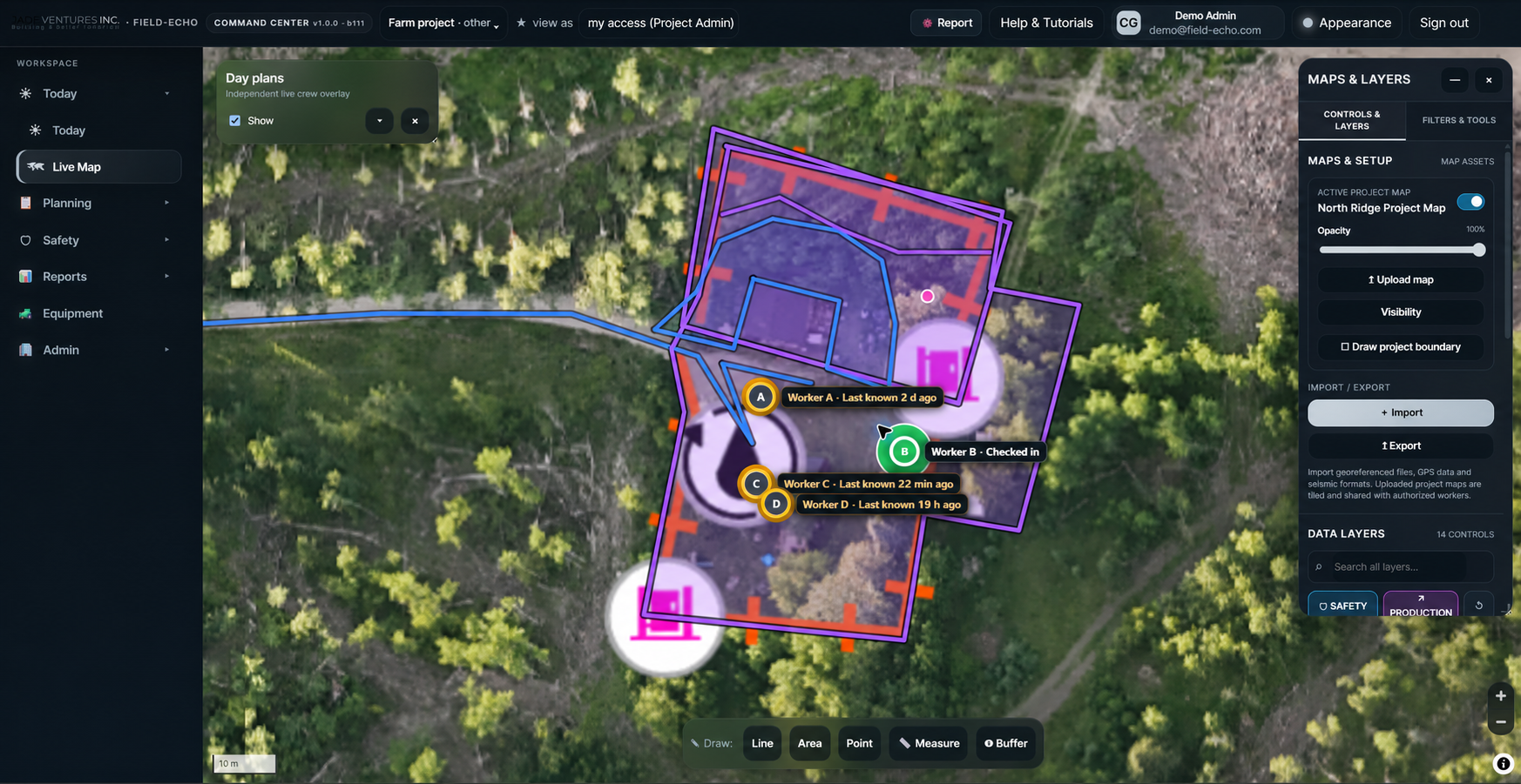 Field-Echo Command Center crew tracking map showing live and last-known crew positions